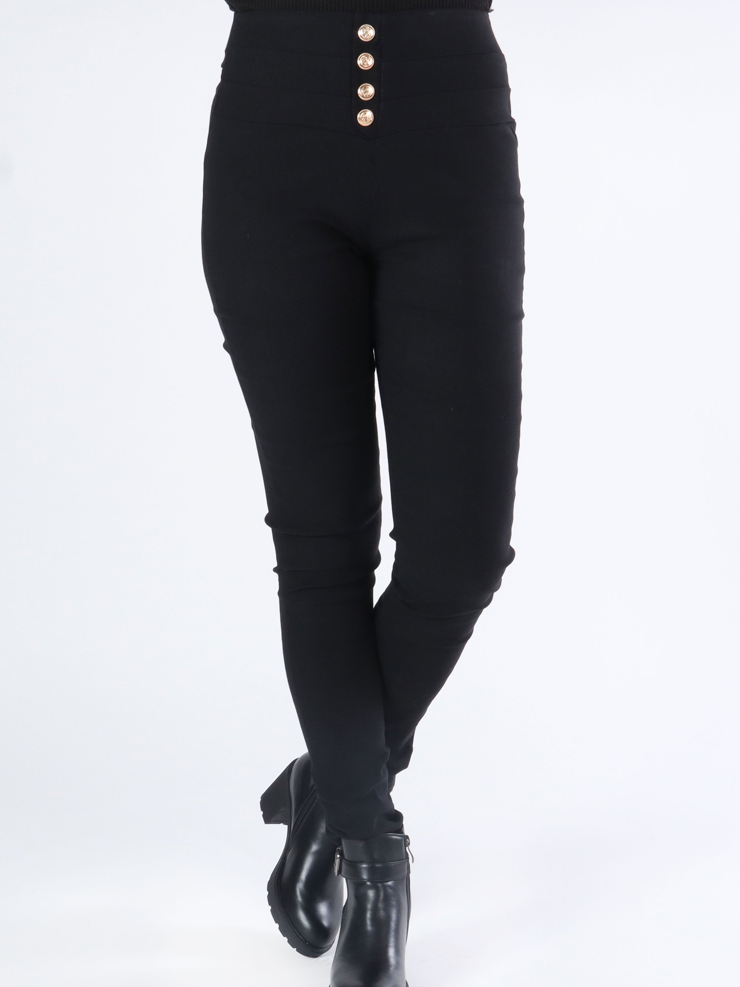 Najat - Svarta leggings i jeanslook med guldknappar framtill